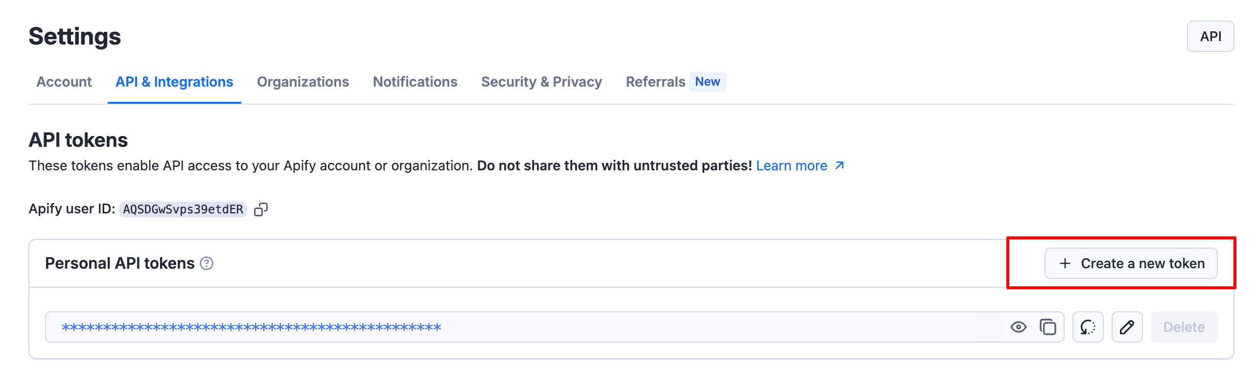 Apify Settings &gt; Integrations with API token
